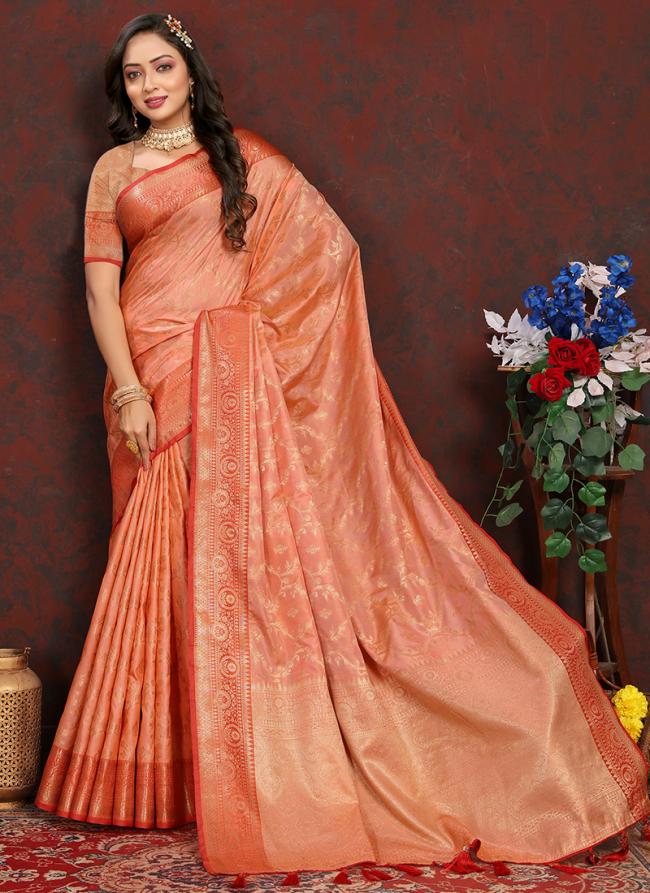 Soft Cotton Silk Orange Wedding Wear Weaving Saree